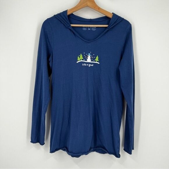 Life is Good Snowman Scene Winter LS Tee Hooded Blue Size‎ M - Picture 1 of 8